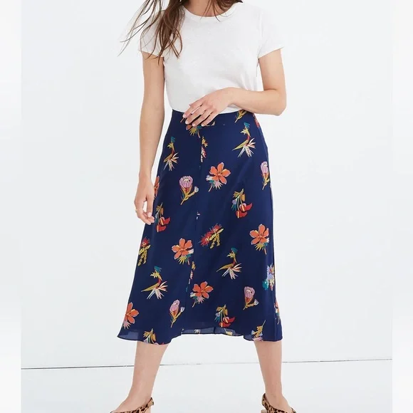 NWOT Madewell 100% Silk Atrium Midi Skirt in Bird of Paradise Size 4 - Picture 2 of 8